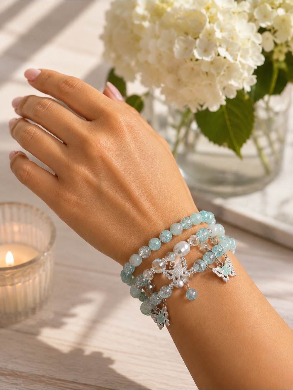 Seafoam Green Glass Beaded Bracelet with Butterfly Charm - Silver tone